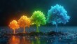 © miss irine - Four luminous trees show stages of development from small sapling to large tree. Colors shift from orange through green to blue symbolizing progress. Digital landscape.