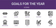 © Icon World - Set of 10 linear Goals for the Year icons for interface projects, presentations and web graphics. Outline symbol collection with buy home, enjoy family, mental balance, goals and musical instrument.