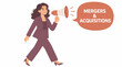 © Molas - Businesswoman announcing mergers and acquisitions with megaphone.