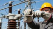 © Resfa - Electrician work with power line at electrical substation. Man engineer wears safety helmet and glove fixing transmission cable. Industrial energy technology and maintenance concept.