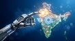 © Samudra_png - Futuristic robot hand interacting with a glowing cybernetic map of India representing smart governance digital economy and technological progress