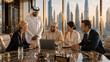 © Pakpong - Business meeting, multicultural team, modern office, Dubai skyline, luxury interior