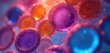 © Pete - Microscopic view of blood cells in vibrant colors. Cells show detailed textures and surfaces under magnification. Used for medical research and science education.