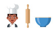 © hasan - Cartoon illustration of a smiling chef with a rolling pin and a mixing bowl, representing baking and cooking.