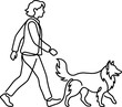 © Dhea - Continuous line art of a person walking a dog.