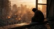 © Armando Loho - Sad man sitting by a window in a war-torn city looking at a small plant
