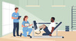 © indah - Physical therapy for amputee, patient on leg press machine with nurses