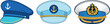 © Monisa - Nautical skipper captain hat vector set featuring blue sailor caps with golden anchor emblems isolated on a white background