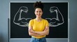 © momin - Confident woman with chalkdrawn muscles on blackboard