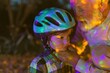 © Breezze - Profile of a small child wearing a blue bicycle helmet as a grandfather gently adjusts the chin strap for family safety and outdoor bonding
