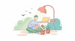 © dory - A person sits cross-legged on the floor with a laptop, books, and plants nearby
