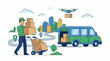 © Kumaha - A delivery man with green uniform and cap pushing a cart with boxes near a green van with open back door and a drone fly