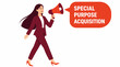 © Dolmina - Businesswoman announcing special purpose acquisition with megaphone.