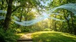 © kitti - Beautiful green forest landscape with stone path and conceptual natural wind airflow ribbon.