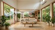 © kitti - Modern eco home interior with natural ventilation airflow and woman by open window.