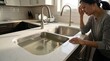 © kitti - Stressed woman looking at clogged kitchen sink with dirty overflowing water home plumbing problem.