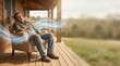 © kitti - Stressed man sleeping on armchair at wooden porch with conceptual blue natural wind airflow.