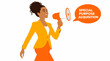 © Alina - Woman in yellow suit holding megaphone for announcement.