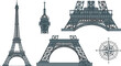 © EdGe Creative - Detailed Eiffel Tower Architectural Plan Set with Close Up Views of Structural Pillars Top Spire and Navigation Compass Rose Vector Illustration