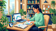 ©  CozyVisionary - Young woman planning schedule on laptop and paper calendar at home office. Cozy study room with plants, productive lifestyle, remote work, education, time management, vector flat illustration.