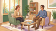 ©  CozyVisionary - A therapist and patient sitting in armchairs during a counseling session. They talk in a cozy, bright office with plants, books, and emotion cards on a wooden coffee table.