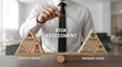 © Pesek Studio - Business professional performing risk assessment with balanced scales, identifying hazards, threats, and risks, and managing with prevention, controls, and protection.
