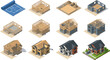© MdMonsurAli - Isometric house construction stages set showing building process from blueprint to finished residential home vector illustration