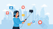 © Risje Kfhe - Social media influencer recording video with selfie stick flat illustration featuring young woman wearing headphones surrounded by heart and like notification.