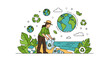 © Budi - Woman cleaning plastic waste from beach near ocean with planet earth.