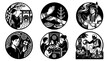© Neoviz Studio - Traditional rituals and spiritual symbols vector set featuring cultural icons and ancient traditions in a circular black and white artistic design
