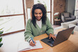 © deagreez - Photo of nice young girl online course work netbook write notebook wear green knitted clothes enjoy modern cozy interior flat indoors