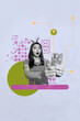 © deagreez - Poster surreal collage of person use gadget stand near pixel symbols on blue background