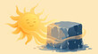 © Haris - A smiling cartoon sun character with rays positioned next to a melting dark blue ice block with water drips symbolizing summer heat in this flat vector illustration.