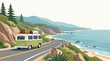 © Haris - A retro green VW-style camper van with a roof rack and luggage driving along a scenic winding coastal cliff road in this clean flat vector illustration ideal for travel and road trip themes.