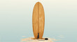 © Haris - A vintage natural wood grain surfboard standing upright in sandy beach with a leash and ankle strap at its base against a misty blue ocean background in this flat vector illustration.
