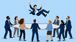 © Jhangeer - A flat vector illustration of a team of business professionals in suits holding a large white safety net together to catch a falling colleague, conveying teamwork, support, and corporate safety cultur