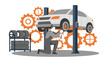 © pima - Professional auto mechanic fixing car on vehicle lift with gears in background in auto repair shop flat vector illustration for mechanical service.