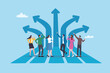 © Nuthawut - Career decision, direction or opportunity to change career path, challenge to choose business choice, alternative planning, progress or uncertainty, business people employee choose career path arrows.