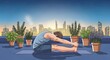 © Safia - Athlete practices a seated forward fold yoga pose on a rooftop terrace surrounded by potted herbs.