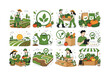 © Марія Томилович - Organic Farming Banner. Organic farm product, vegan, bio symbol, natural farming and sustainable agriculture. 12 minimalist editorial vector scenes: a farmer waters crop rows, a leaf badge marks