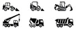 © Rakib - construction vehicles heavy machinery icon set with excavator, dump truck, bulldozer, crane and concrete mixer, industrial building equipment silhouette collection, clean vector illustration.