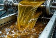 © AeroPixel - Golden liquid pouring over industrial machine rollers in a factory processing line during production. cooking oil waste