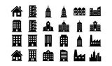 Skyscrapers and Real Estate Architecture Building Icon Bundle with Office Tower Apartment Hotel School House and Factory Vector Silhouette Symbols Set