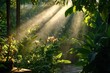 © Thanapong - Sunlight through green leaves in lush garden with soft rays and tropical foliage, peaceful morning light