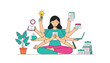 © Jasper - Calm young businesswoman practices yoga meditation while multitasking with many hands holding laptop, pen, and folders.