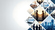 © Business Life - Business collage background with professional handshake financial charts laptops global network and silhouettes of corporate teams working together