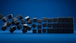 © happie - Matte black cubes moving from chaos into ordered grid – Ideal for business transition planning, automated sorting systems, or cloud data flow.