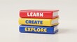 © design goodie - A stack of three colorful books featuring educational concepts for creative learning and development.