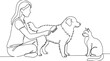 © tanuzz - Continuous line drawing of a woman grooming her dog and cat.