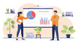 © Mushtaq - business data analytics flat vector illustration with professionals presenting financial dashboard, charts, reports and performance analysis